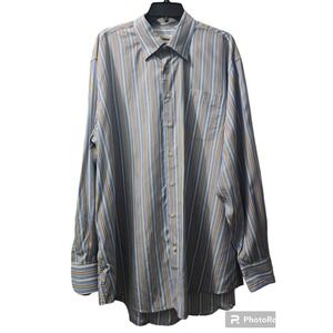 Peter Millar Striped Button Down Long Sleeve Dress Shirt Blue Mens Size‎
